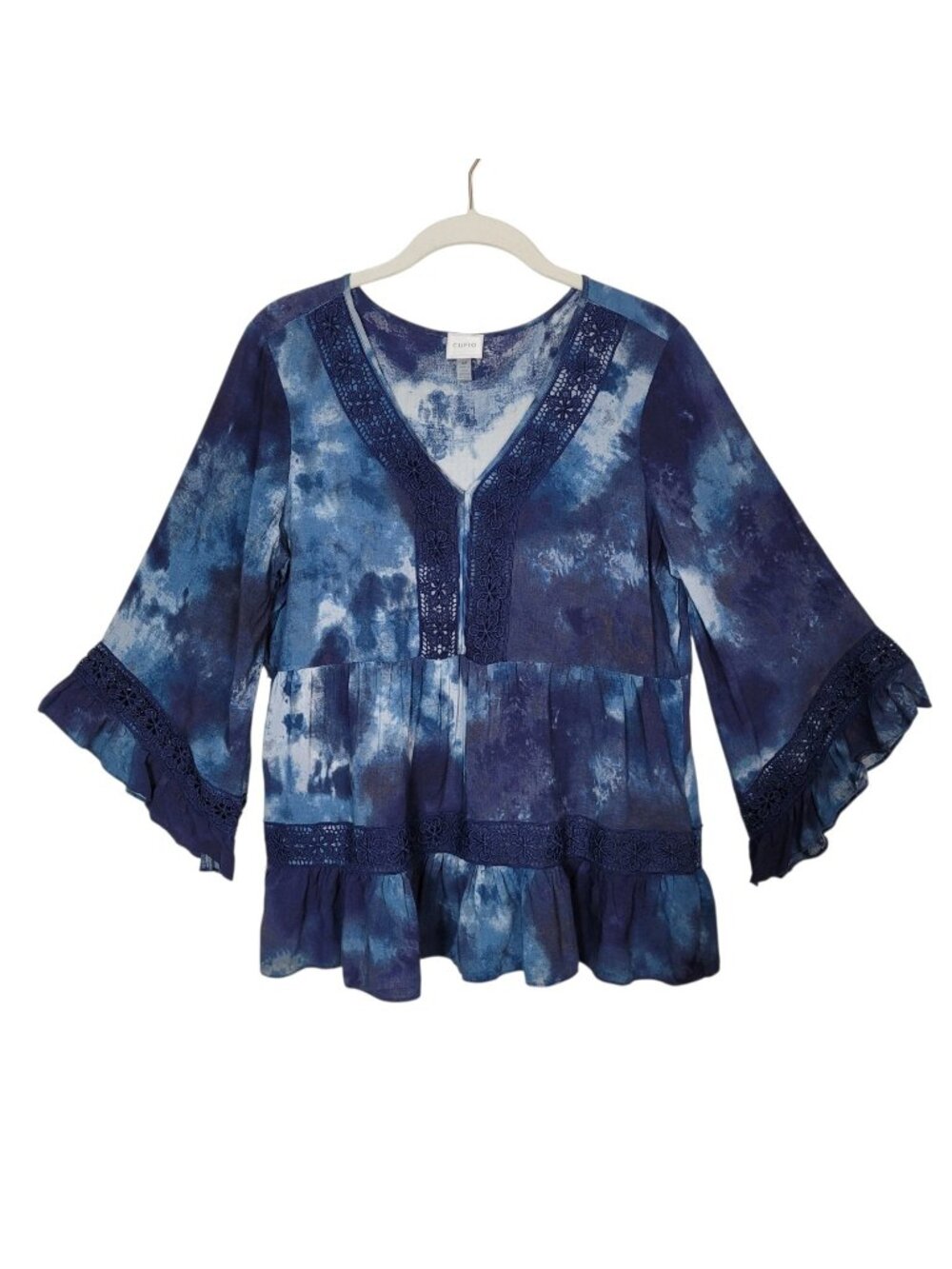 Cupio Tie-dye Blouse Shirt Lace Trimmed V Neck 3/4 Bell Sleeves Small Bohemian